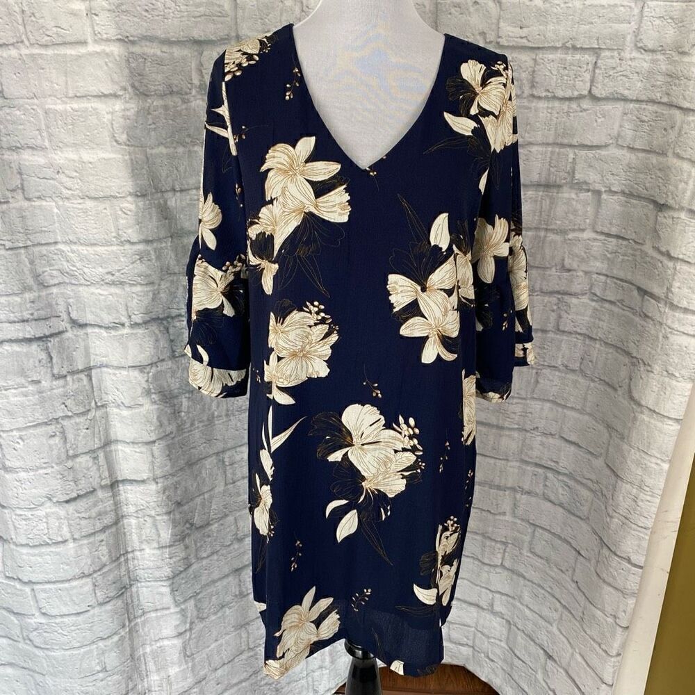 Belongsci women L floral print midi dress w/lining & 3/4 sleeves navy blue new